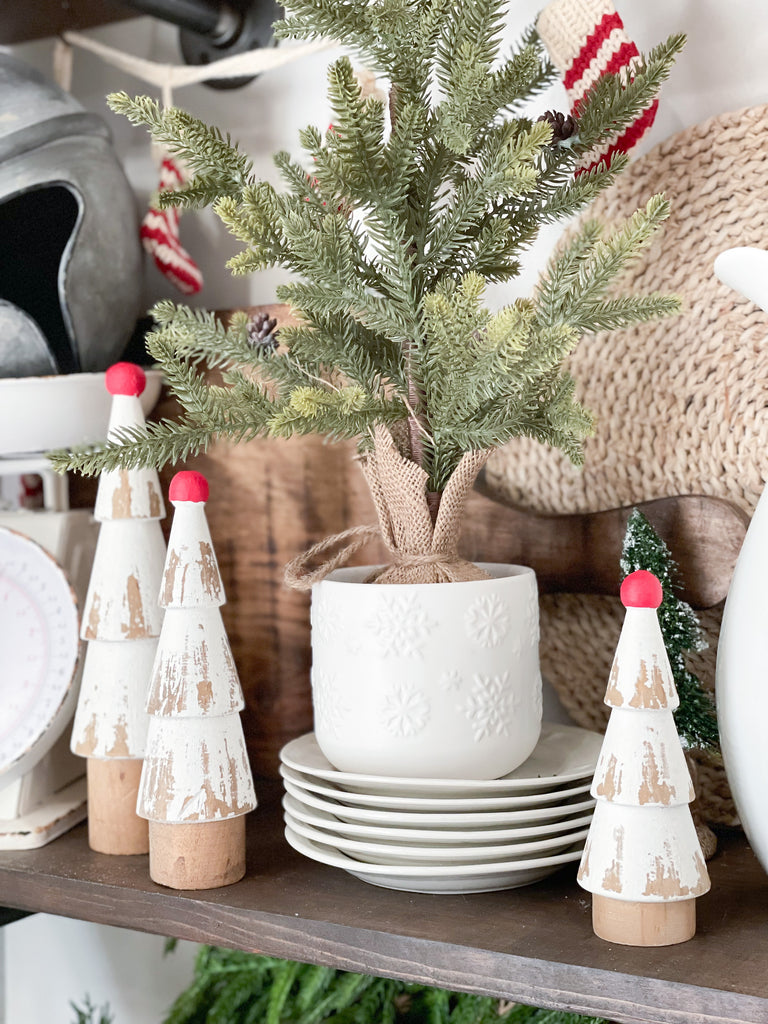 Pine Wood White and Red Christmas Trees - set of 3