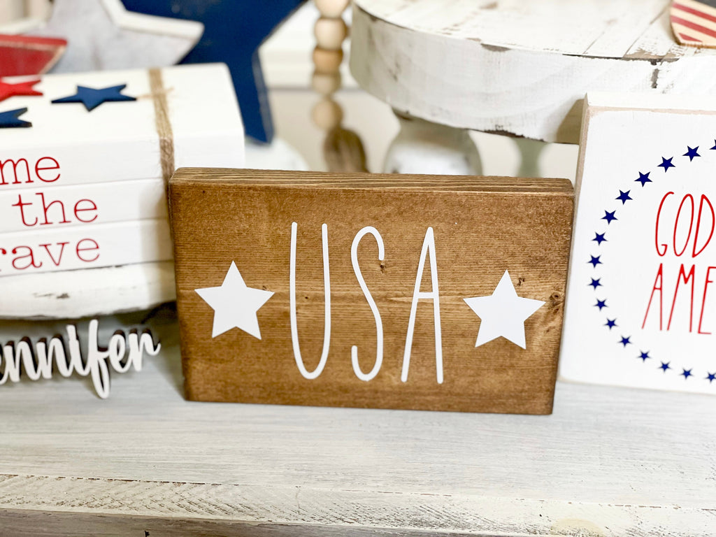 Patriotic decor, USA sign, farmhouse signs, patriotic signs, patriotic tiered tray, wood sign, patriotic theme, Memorial Day, July fourth