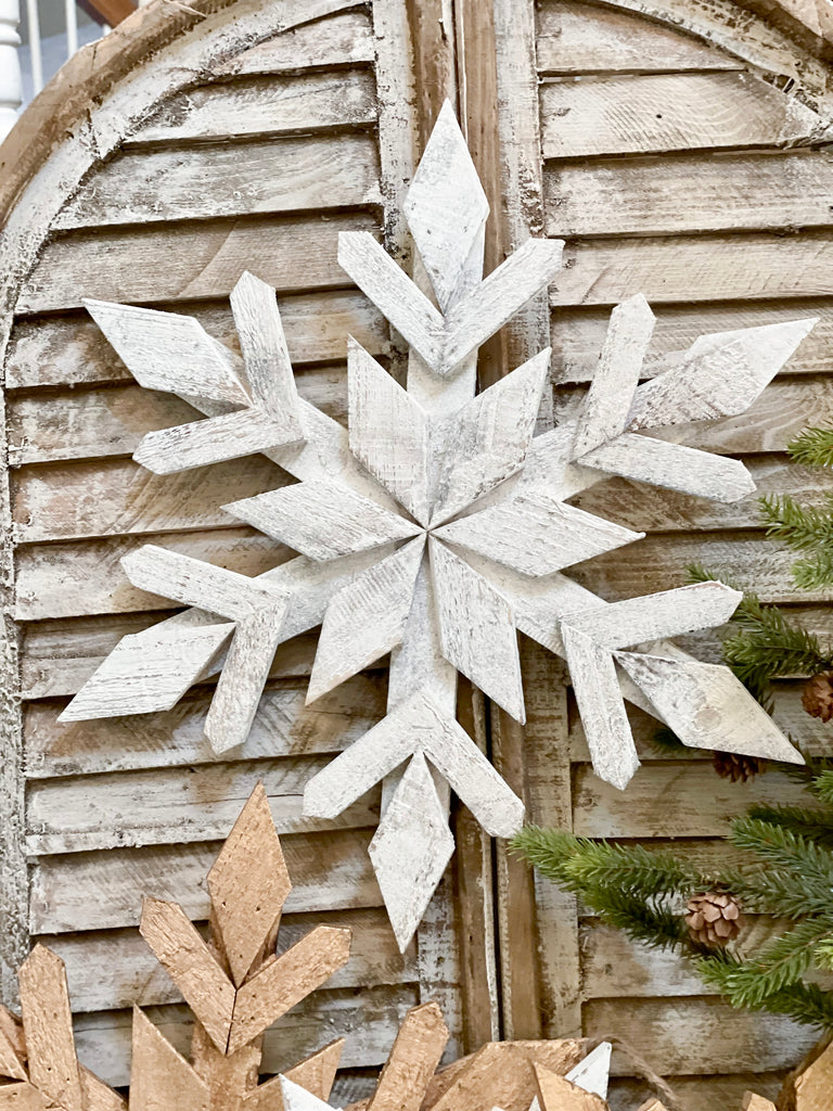 DIY Giant Farmhouse Winter Wood Snowflake Decorating