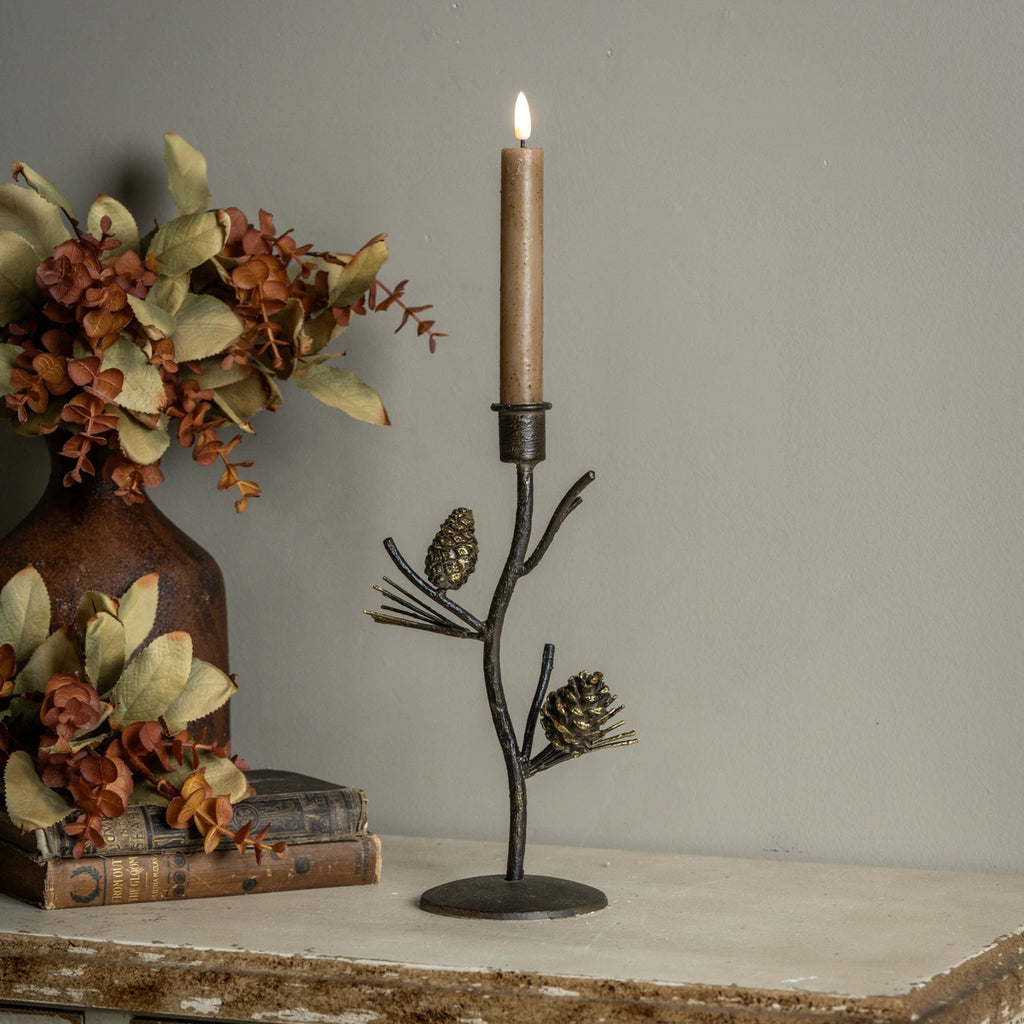 10.25” Tree w/ Bird & Pinecone Taper Candle Holder