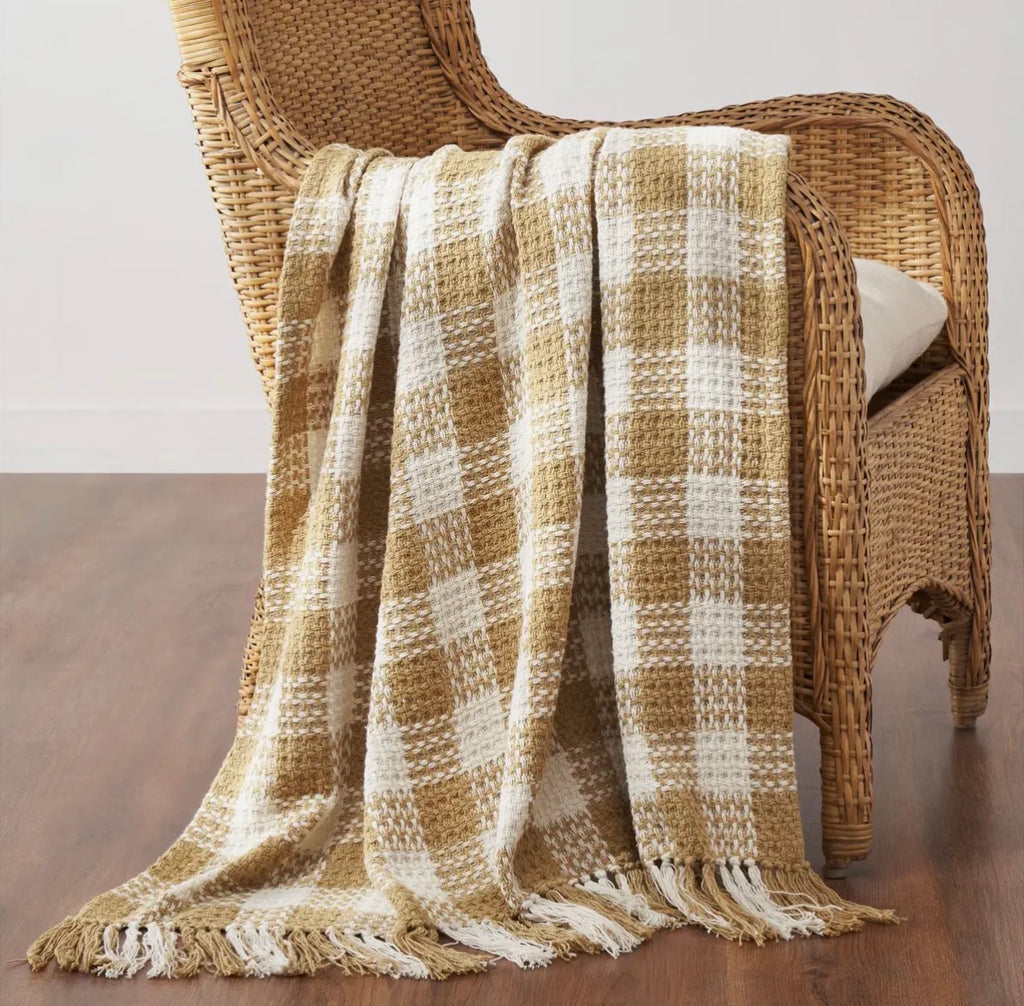 Wheat Woven Check Throw Blanket with Fringe