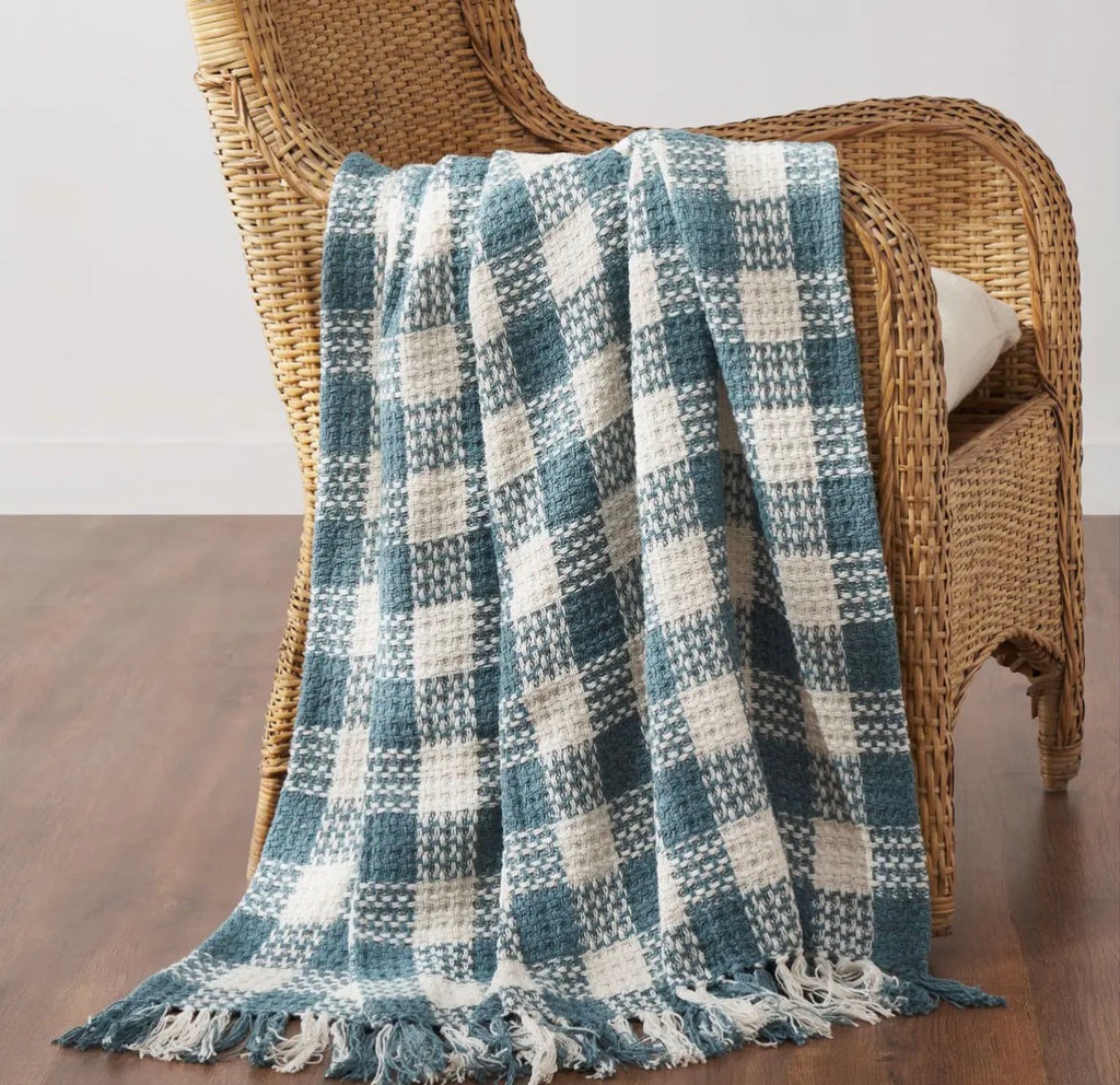 Blue Woven Check Throw Blanket with Fringe
