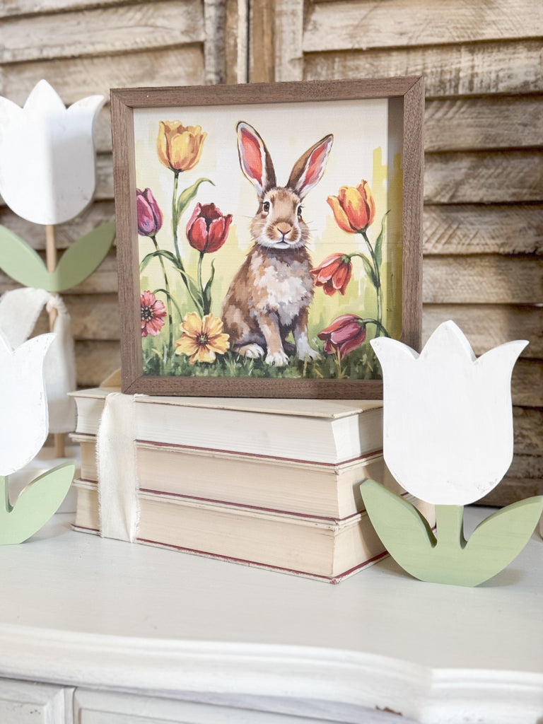 Brown Bunny in Tulips 8x8 Sign