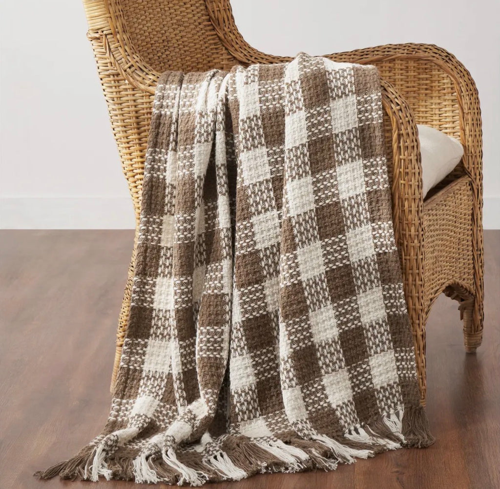 Brown Woven Check Throw Blanket with Fringe