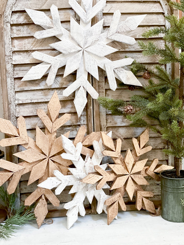 Set of 9 Wood Snowflakes With Hanging Twine Natural Christmas Decor Wooden  Snowflake Set 