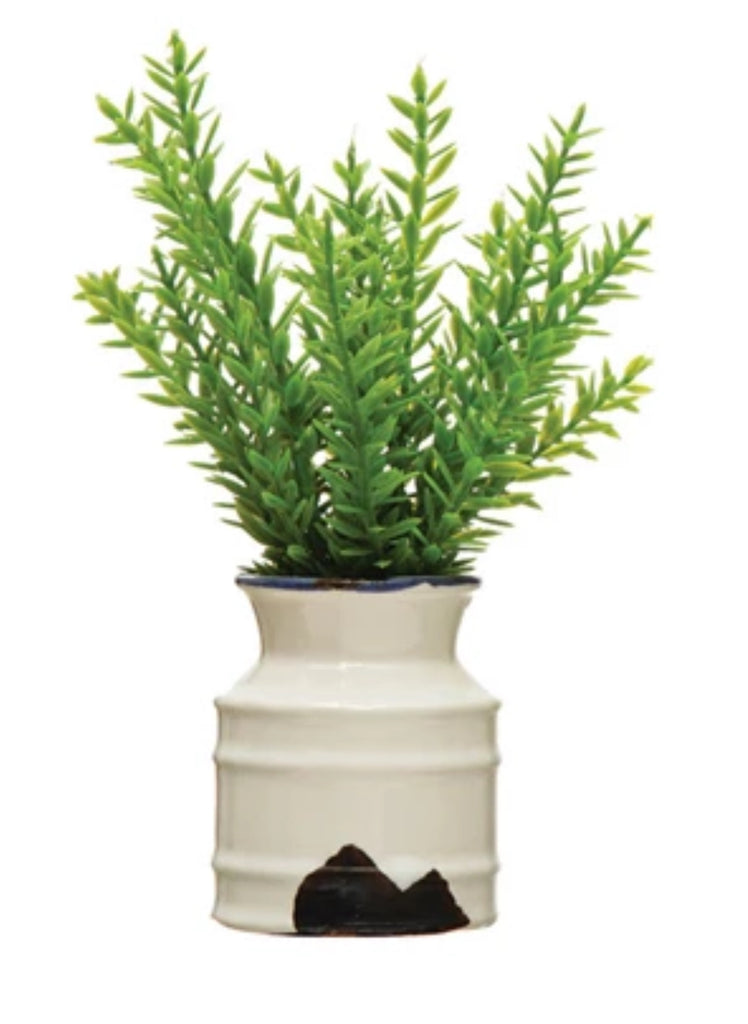 Faux Plant in Stoneware Pot, Distressed White Finish