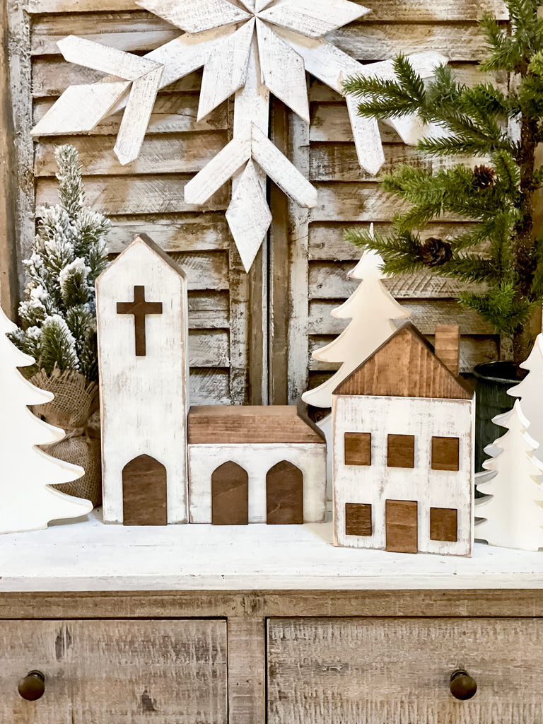 Rustic Christmas Village Church and House