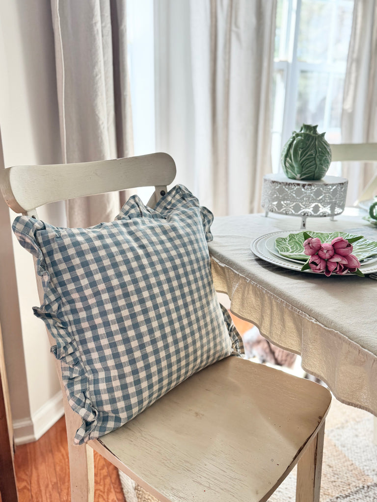 Blue Gingham Pillow with Ruffled Edge