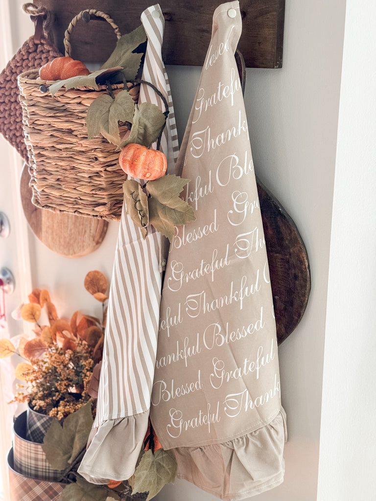 Fall Themed Tea Towel Set of 2 - Thankful Grateful Blessed & Neutral Stripe