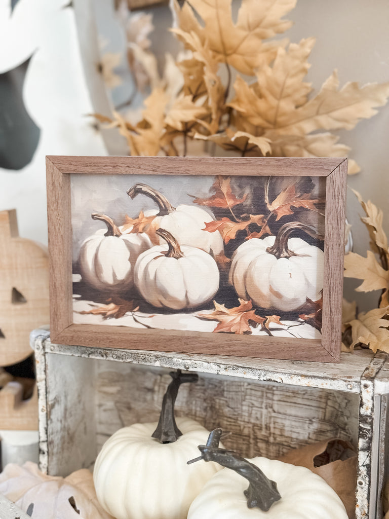 Four White Pumpkins with Leaves Sign