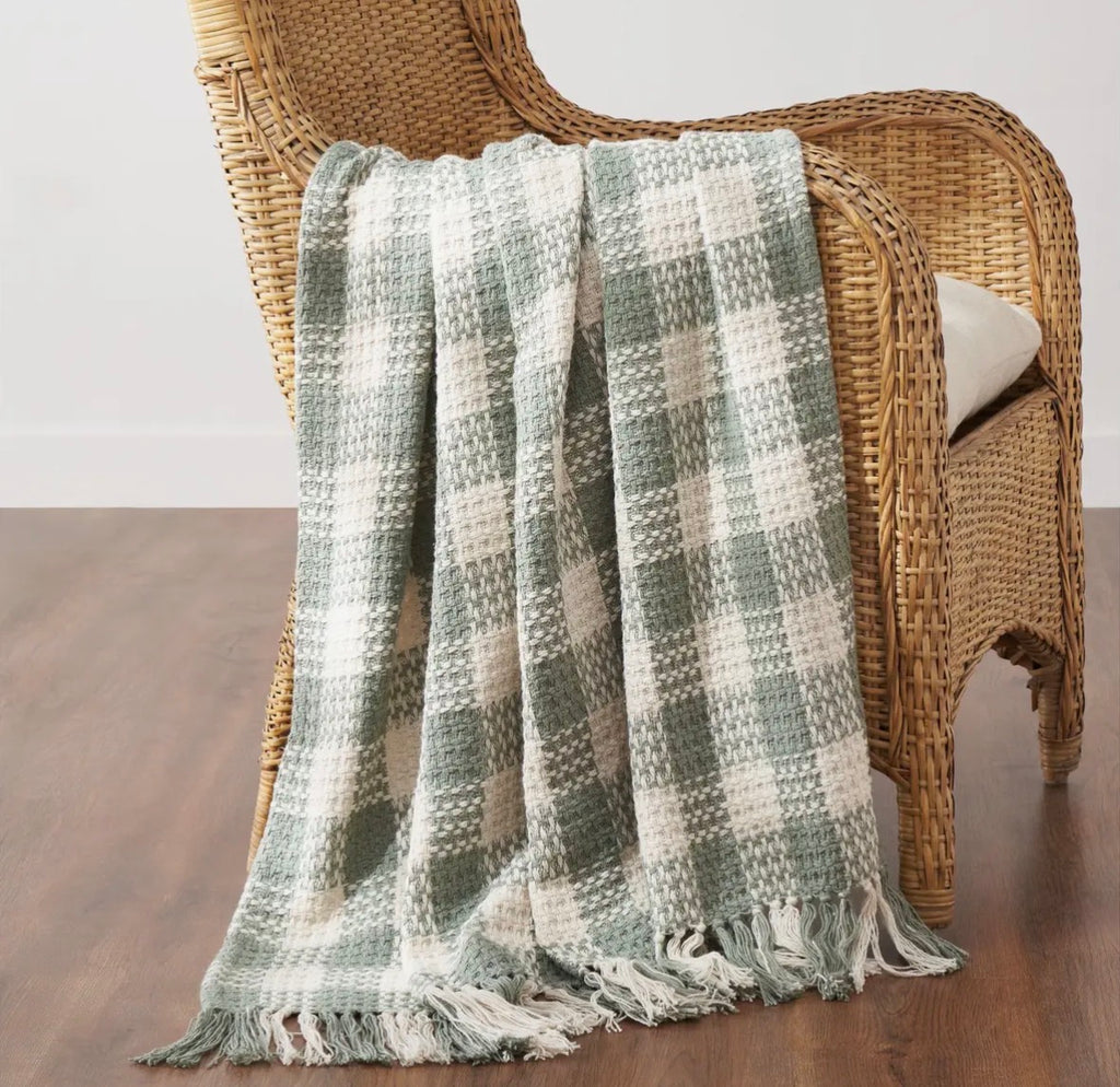 Pistachio Woven Check Throw Blanket with Fringe