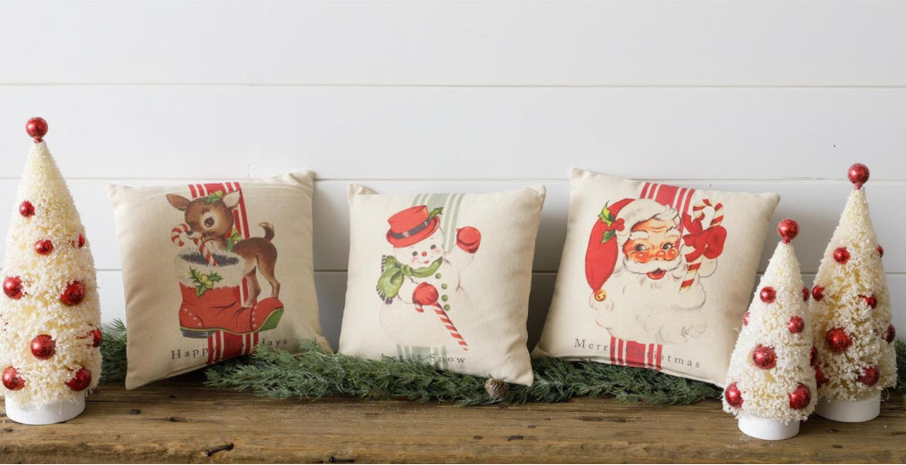 Mini Vintage Deer, Santa, and Snoman Pillows - set of 3