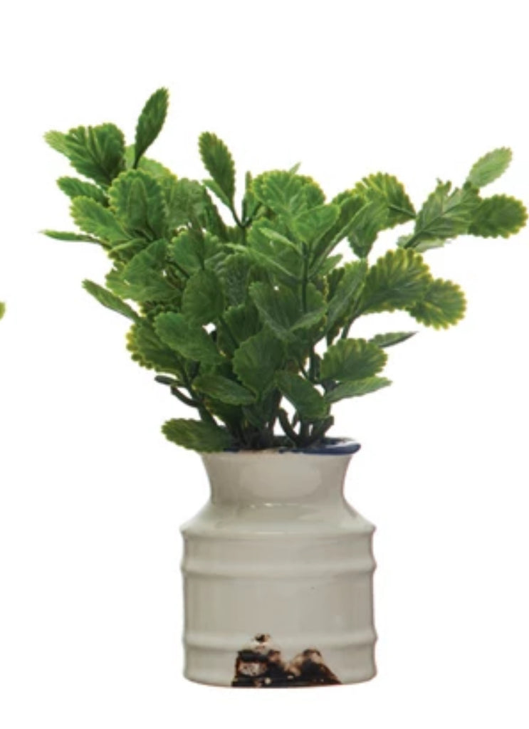 Faux Plant in Stoneware Pot, Distressed White Finish