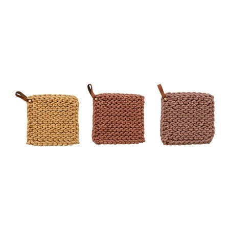 8” Square Cotten Crochet Pot Holder with Leather Loop - Set of 3