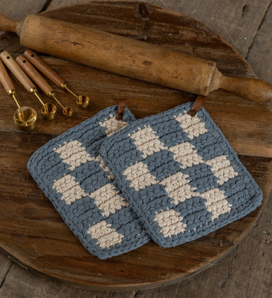 Blue & Cream Knit Potholders - Set of 2