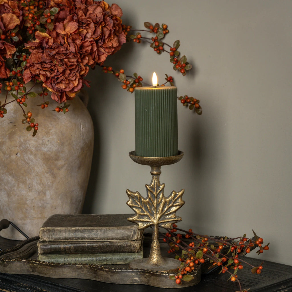 8.5” Gold Maple Leaf Pillar Candle Holder