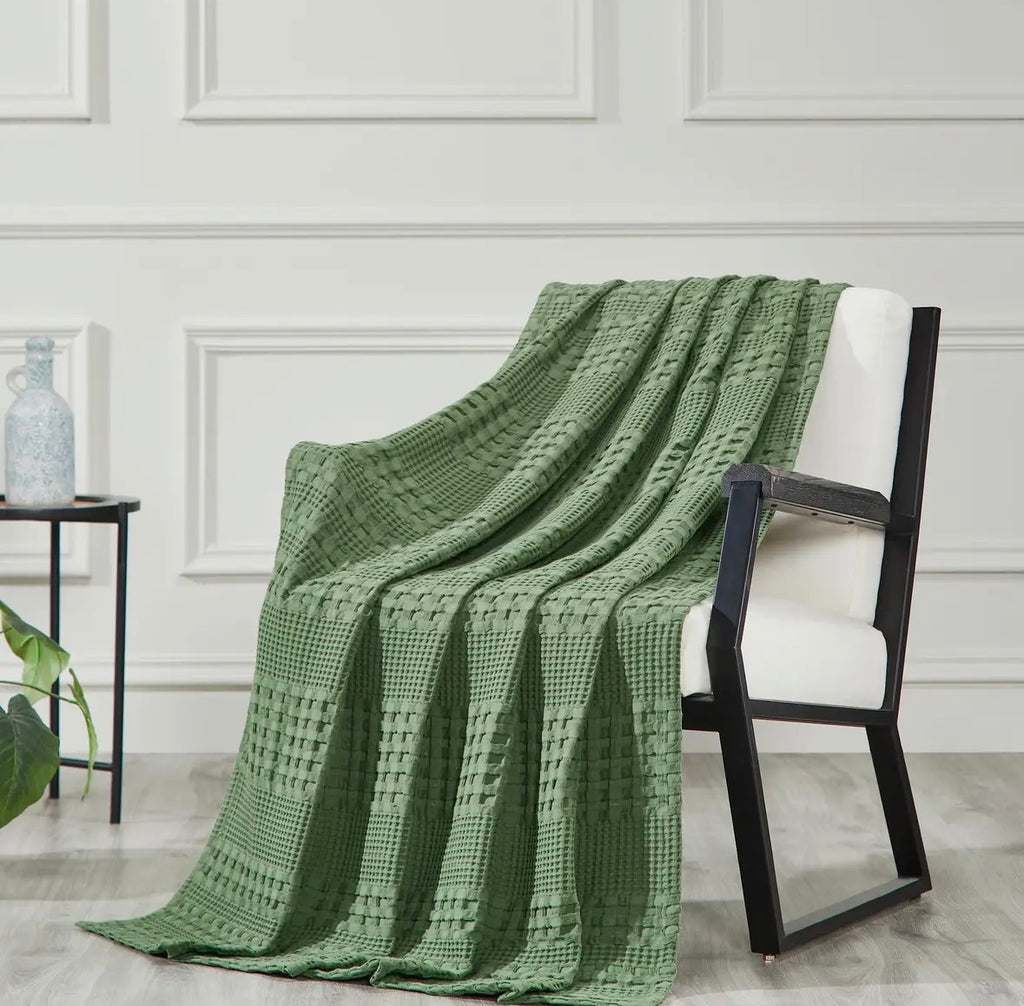 Green Waffle Weave Throw Blanket