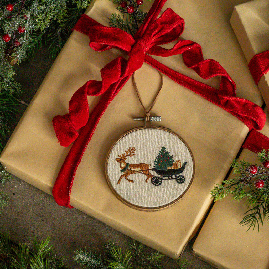 5” Reindeer & Sleigh Embroidered Ornament