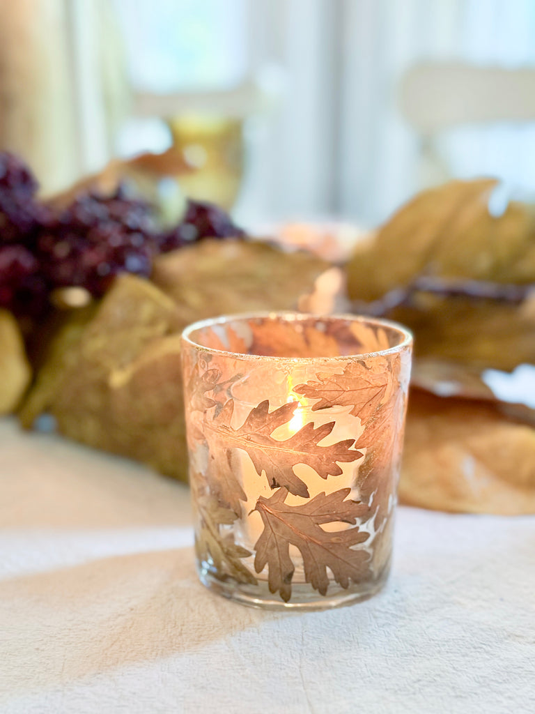 Glass Tealight / Votive Holder with Green Leaves