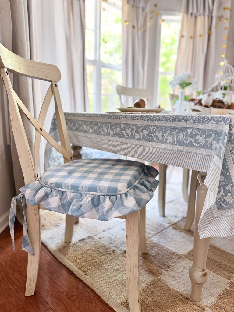 Ruffled Blue & White Checked Chair Cushion