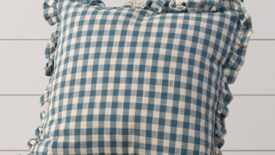 Blue Gingham Pillow with Ruffled Edge
