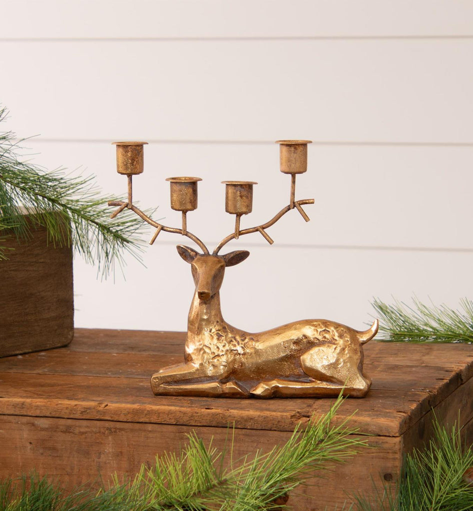 Laying Gold Tone Deer Candle Holder