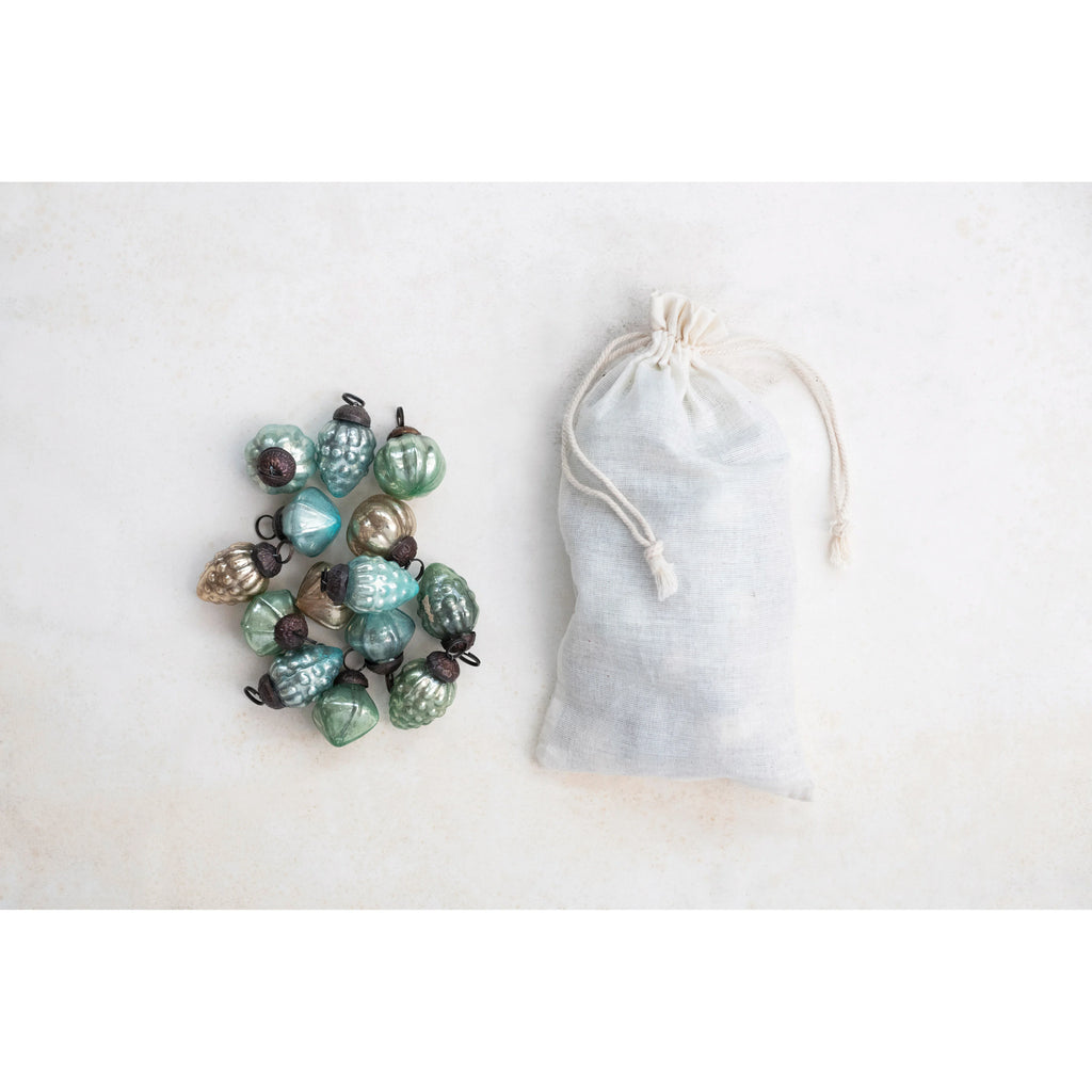 Embossed Mercury Glass Ornaments in Muslin Bag - Blue / Green / Gold