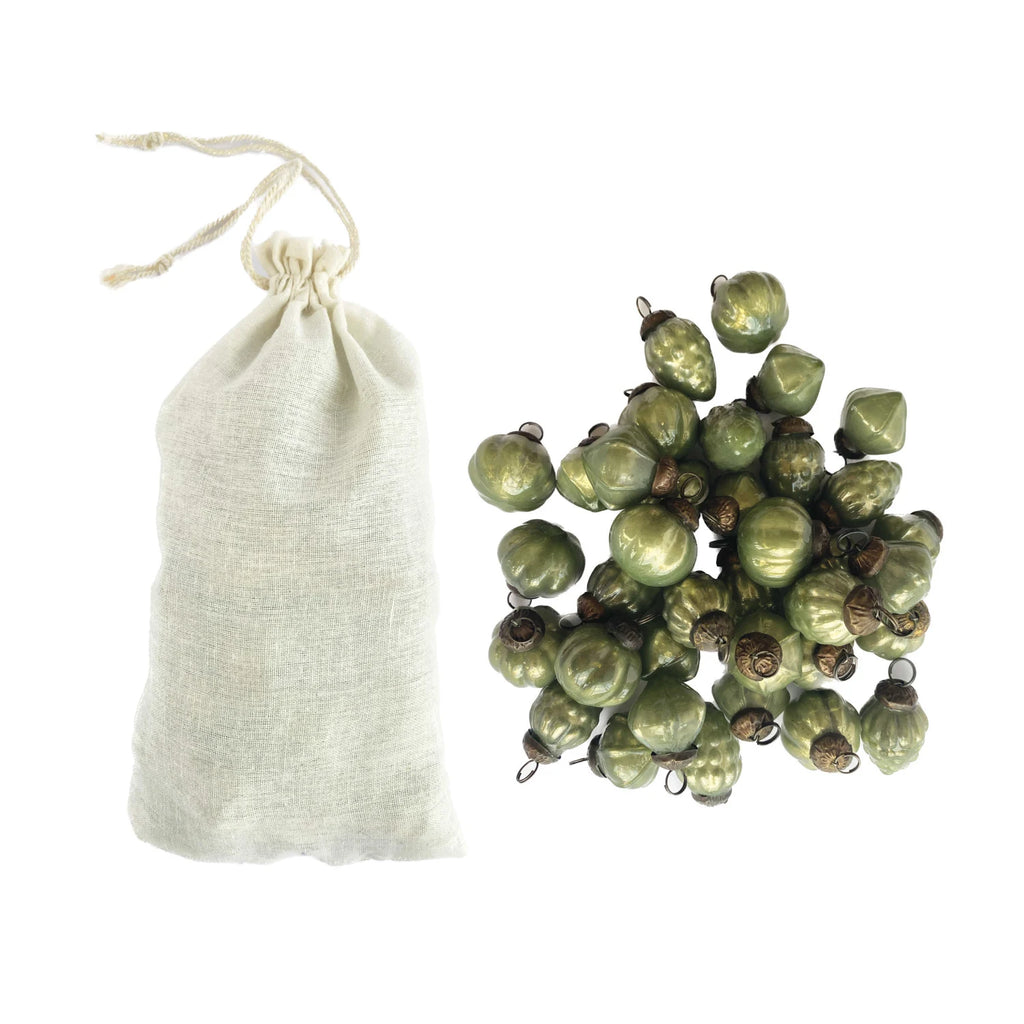 Embossed Mercury Glass Ornaments in Muslin Bag - Green